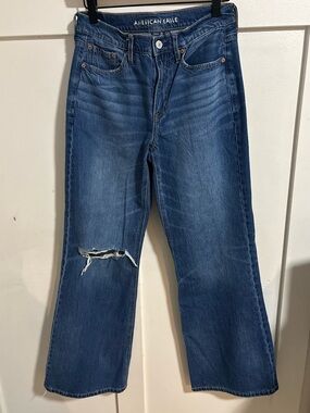 American Eagle Outfitters Blue Flare Jeans with Knee Distress